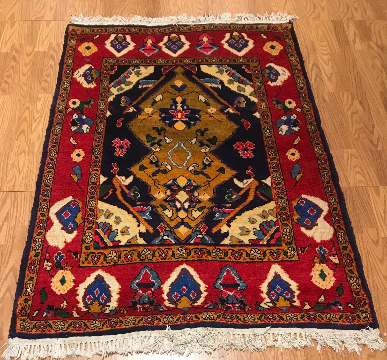 4.4 x 5.11 Vintage Tribal Geometric Navy 100% Wool Vegetable Dye