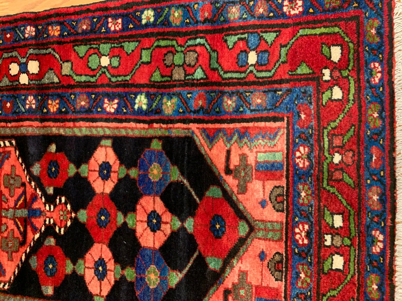 3.6x 6.4 Vintage Tribal Geometric Navy 100% Wool Rug Vegetable Dye Rug