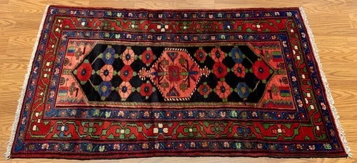 3.6x 6.4 Vintage Tribal Geometric Navy 100% Wool Rug Vegetable Dye Rug