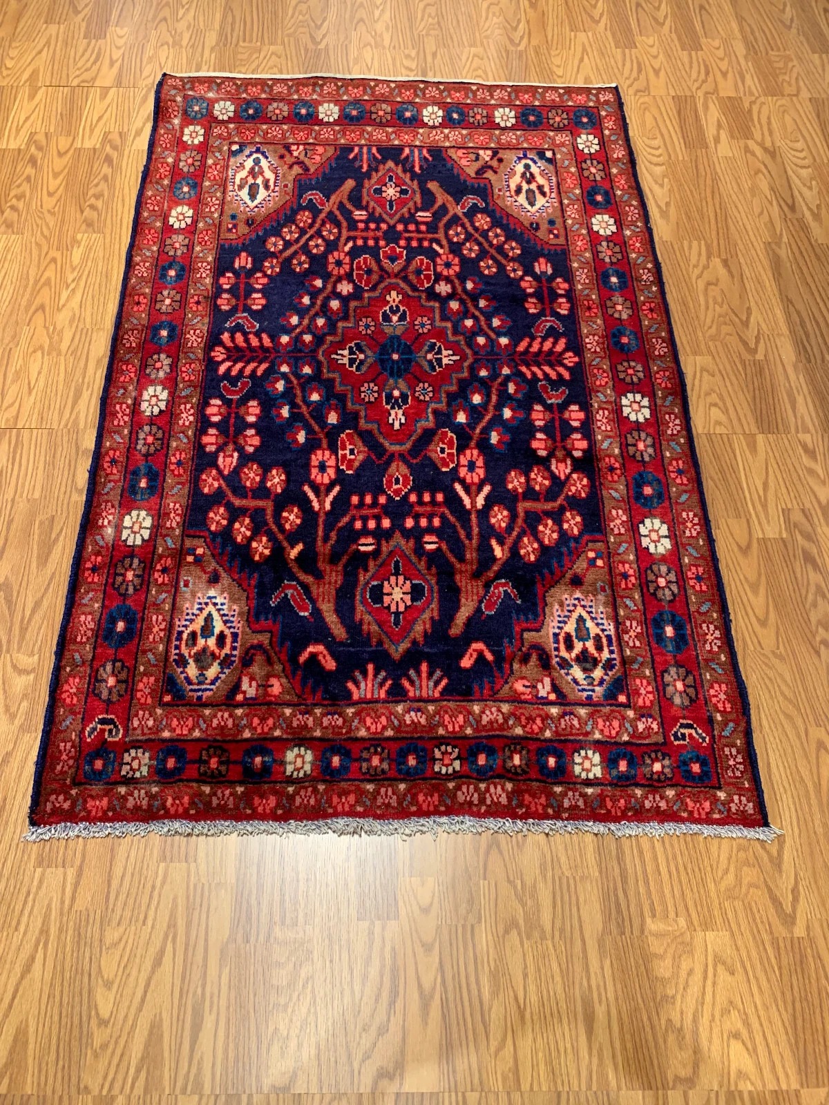 4.2x 6.4 Vintage Tribal Geometric Navy 100% Wool Rug Vegetable Dye Rug