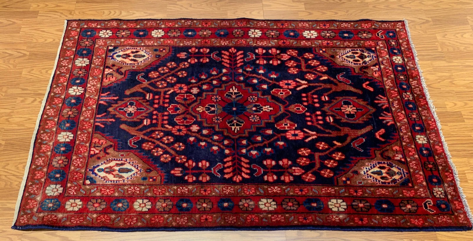 4.2x 6.4 Vintage Tribal Geometric Navy 100% Wool Rug Vegetable Dye Rug