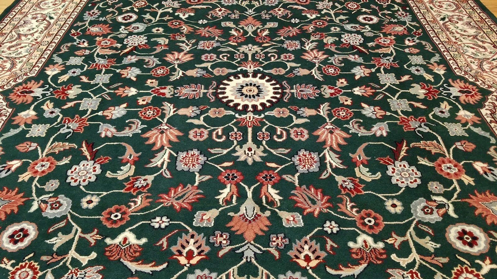 9 x 12 Green Ivory Indo All Over Hand Knotted Wool Oriental Rug