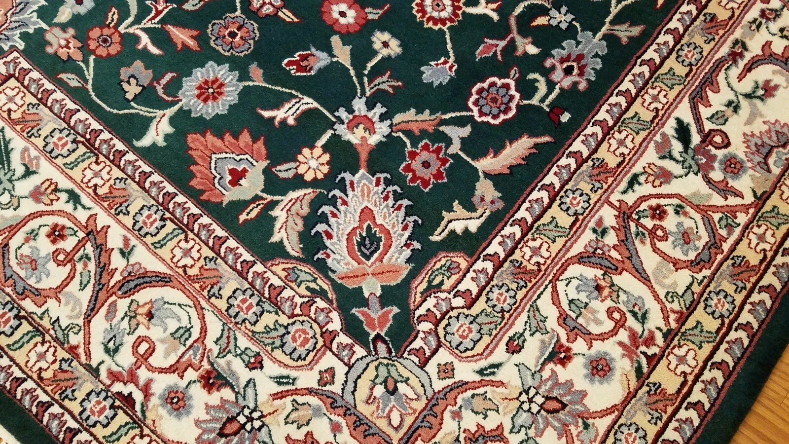 9 x 12 Green Ivory Indo All Over Hand Knotted Wool Oriental Rug