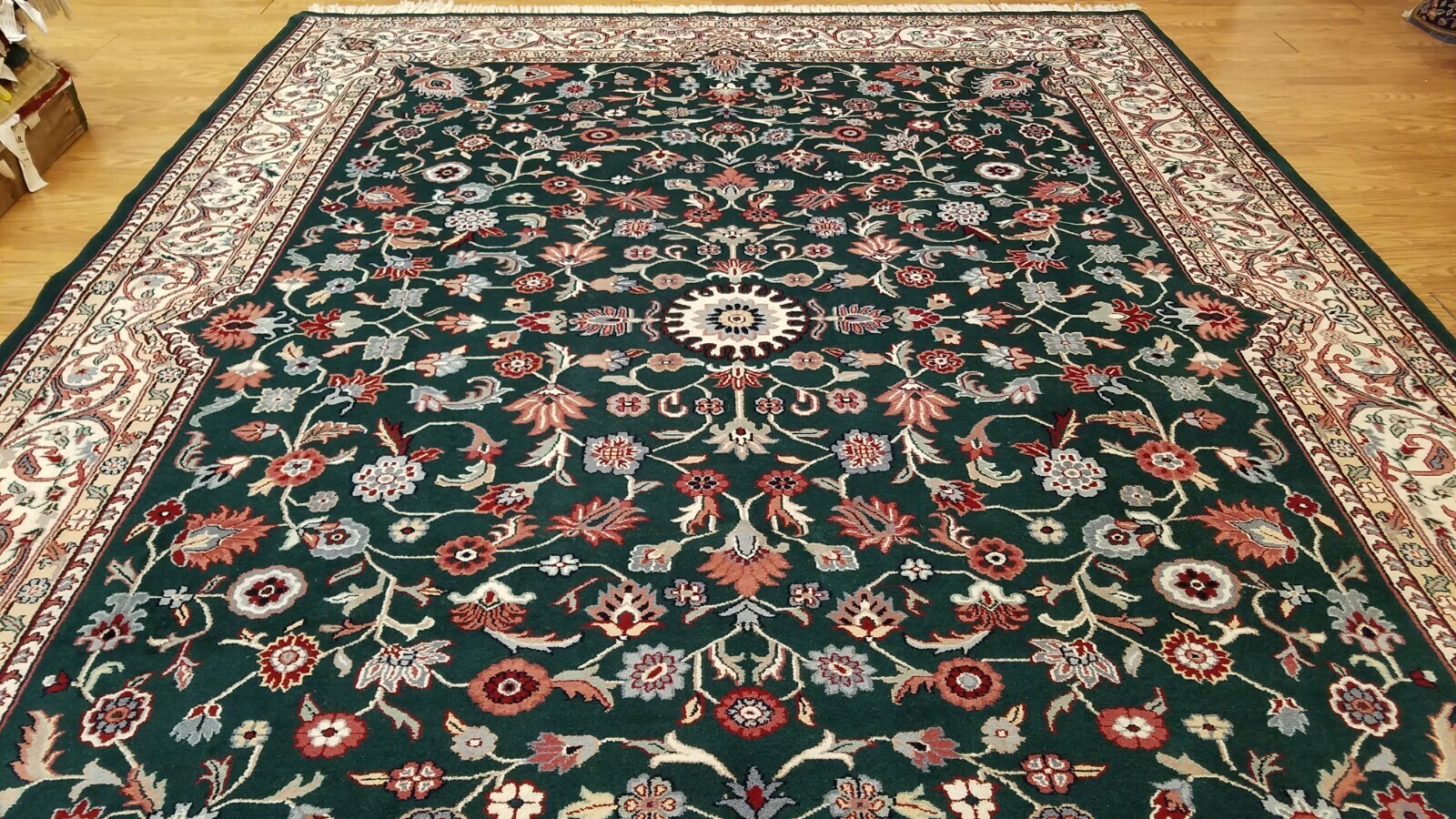 9 x 12 Green Ivory Indo All Over Hand Knotted Wool Oriental Rug