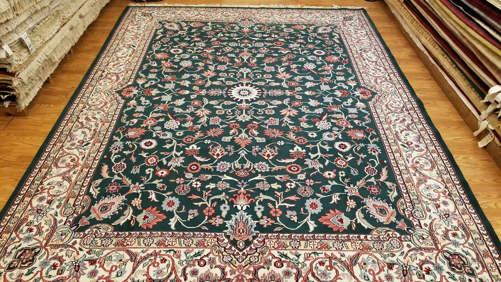 9 x 12 Green Ivory Indo All Over Hand Knotted Wool Oriental Rug