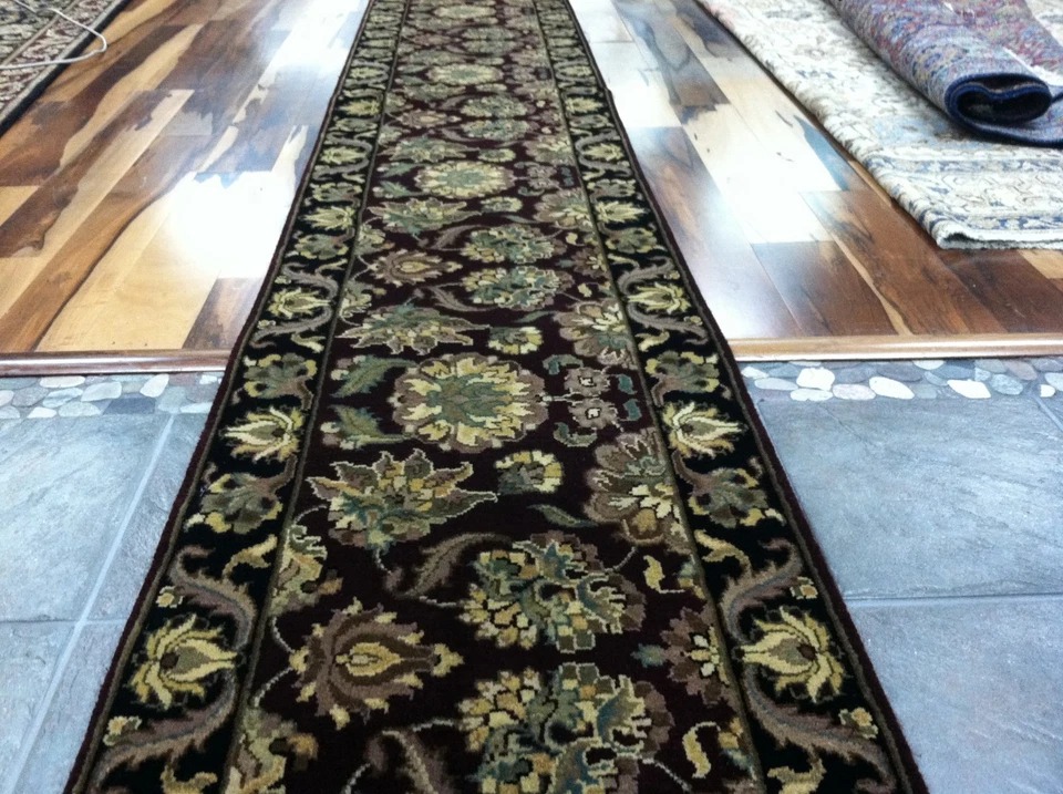 2 x 20 Runner Indo Agra Hand Knotted Wine & Black Wool Rug
