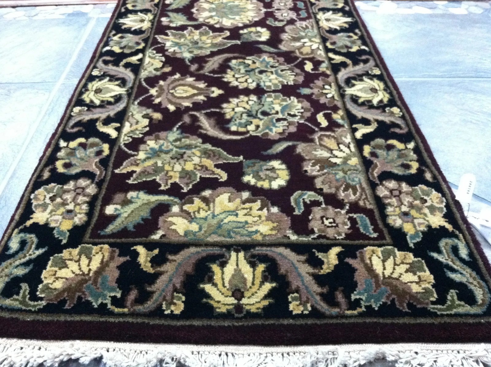 2 x 20 Runner Indo Agra Hand Knotted Wine & Black Wool Rug