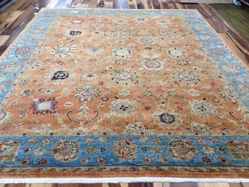 8 x 10 Salmon & Blue Vegetable Dyed Indo Pechavar Hand Knotted Wool Carpet Salmon / Blue
