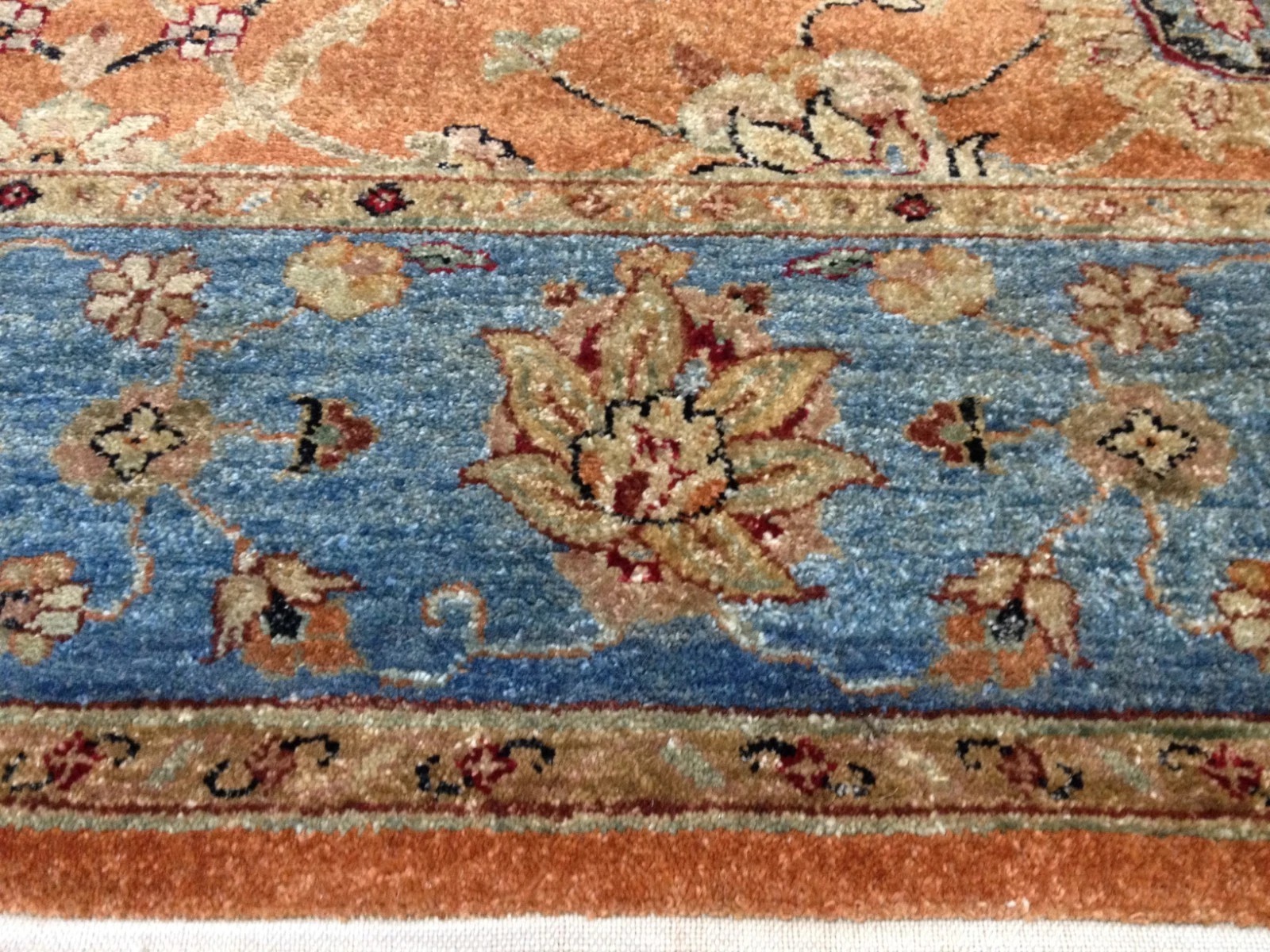 8 x 10 Salmon & Blue Vegetable Dyed Indo Pechavar Hand Knotted Wool Carpet