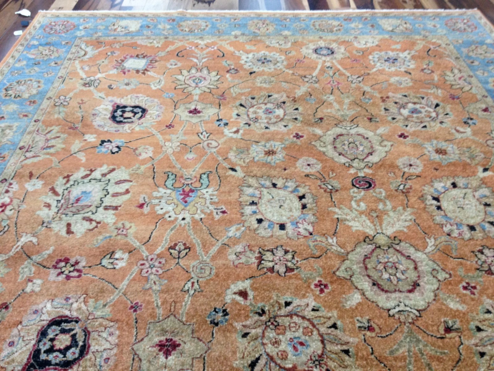 8 x 10 Salmon & Blue Vegetable Dyed Indo Pechavar Hand Knotted Wool Carpet