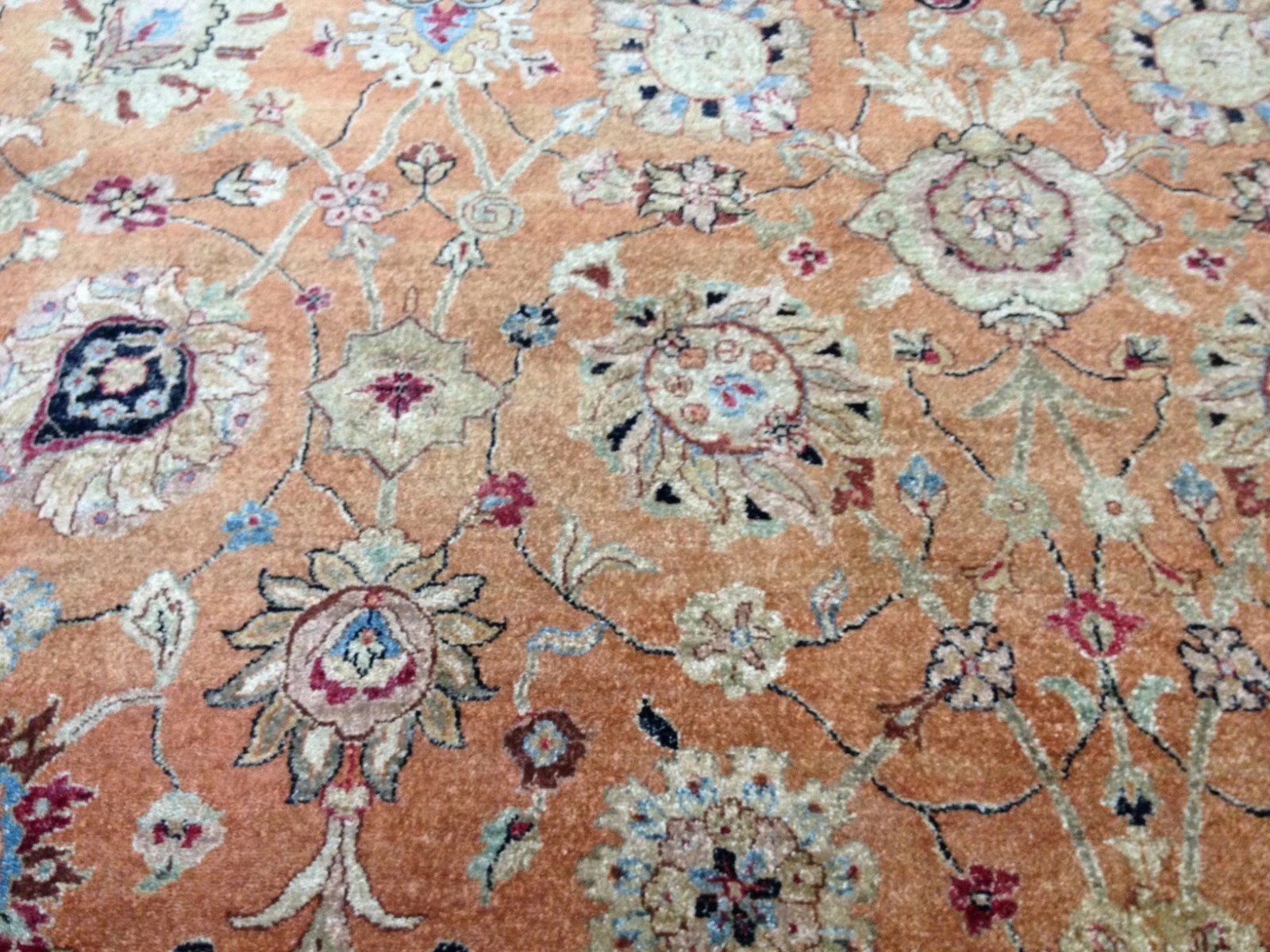8 x 10 Salmon & Blue Vegetable Dyed Indo Pechavar Hand Knotted Wool Carpet