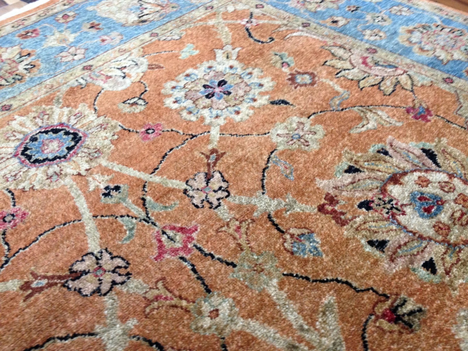 8 x 10 Salmon & Blue Vegetable Dyed Indo Pechavar Hand Knotted Wool Carpet