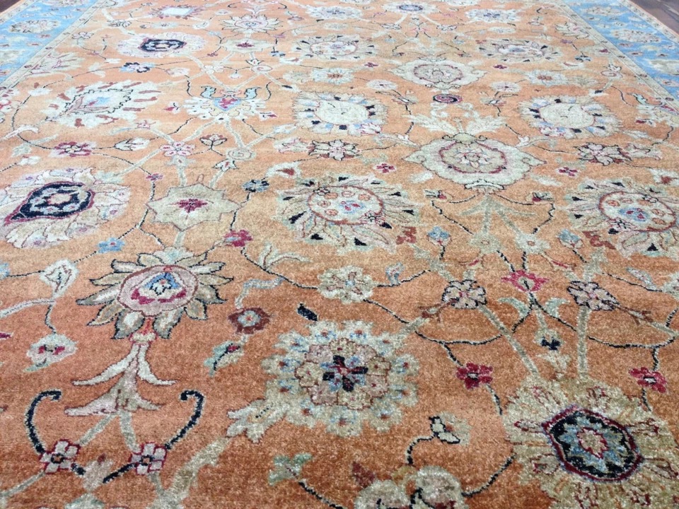 8 x 10 Salmon & Blue Vegetable Dyed Indo Pechavar Hand Knotted Wool Carpet