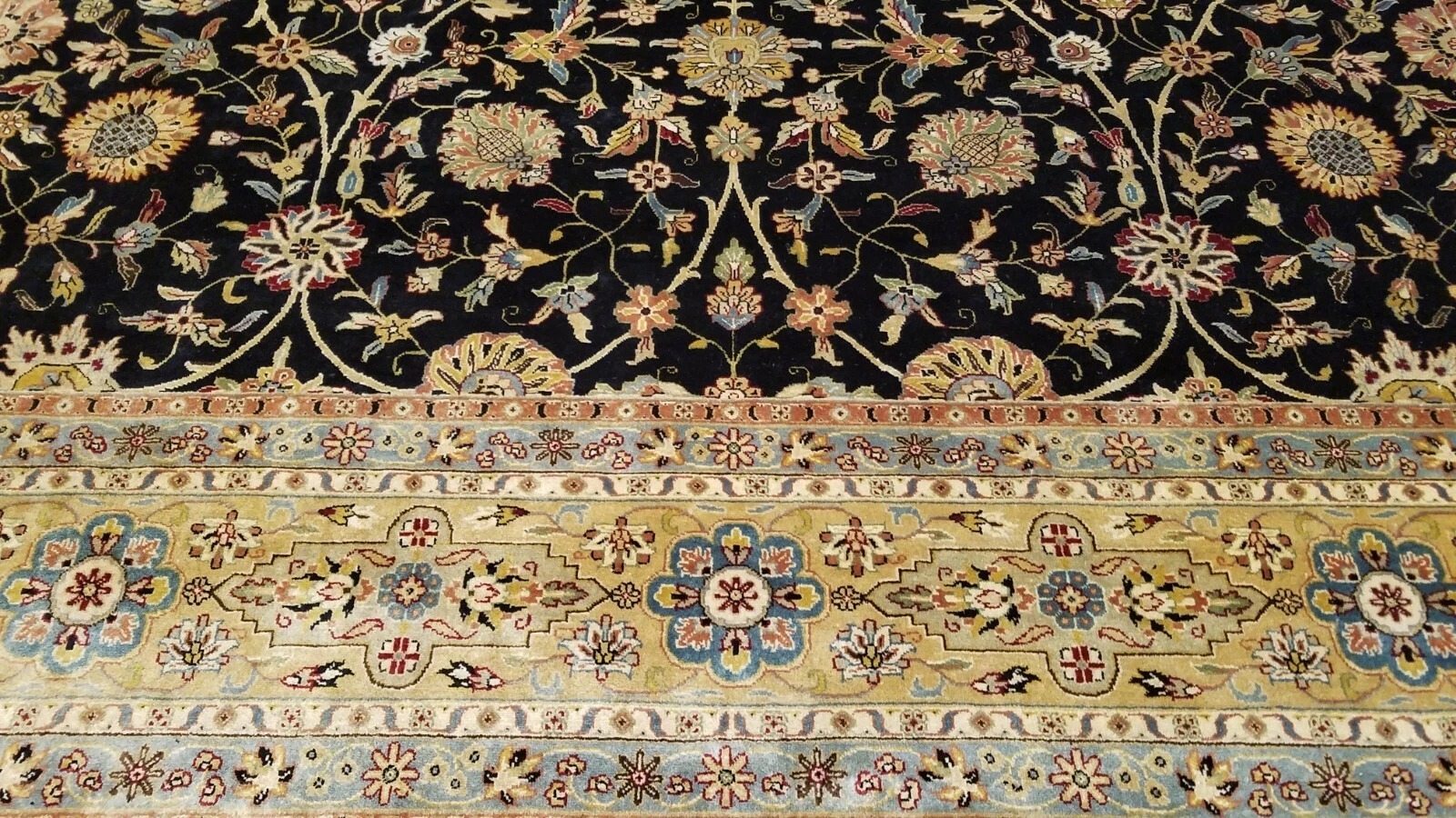 9 x 12 Black & Gold Fine Quality India All Over Hand Knotted Wool Oriental Rug