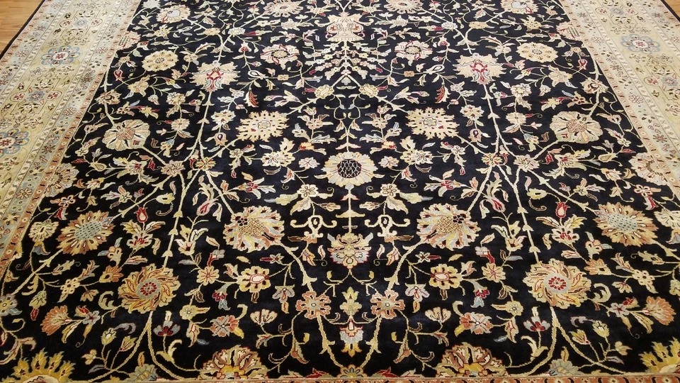 9 x 12 Black & Gold Fine Quality India All Over Hand Knotted Wool Oriental Rug