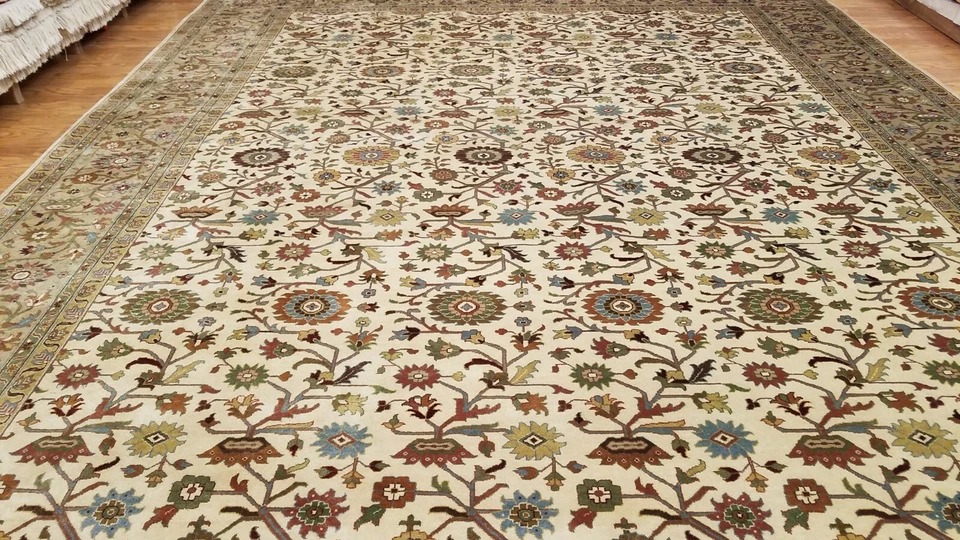 9 x 12 Ivory & Beige Fine Quality India All Over Hand Knotted Wool Oriental Rug
