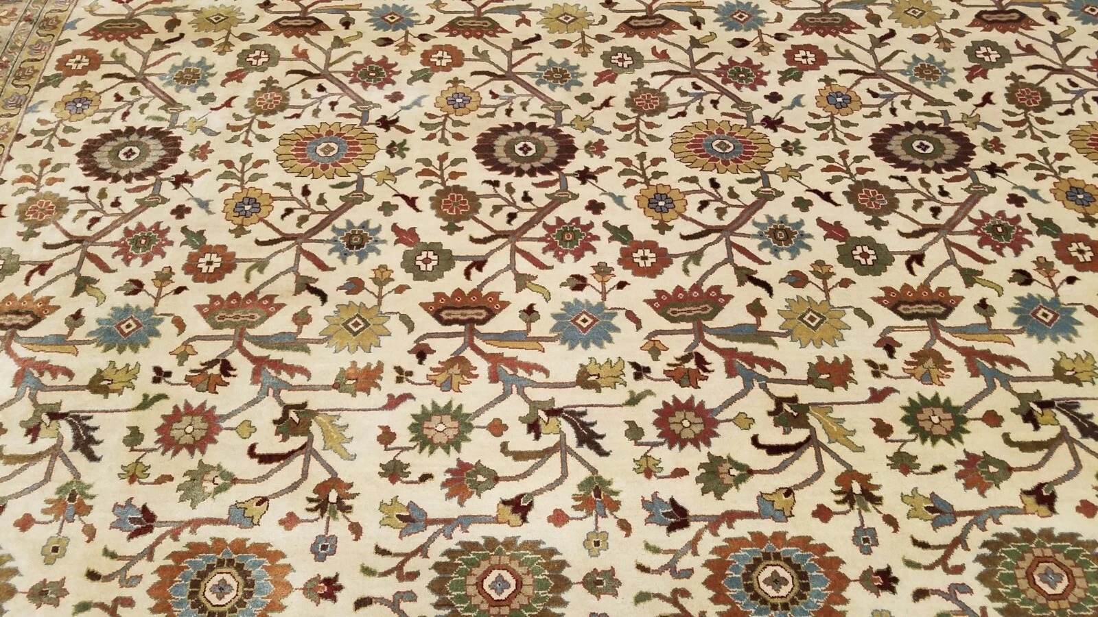 9 x 12 Ivory & Beige Fine Quality India All Over Hand Knotted Wool Oriental Rug