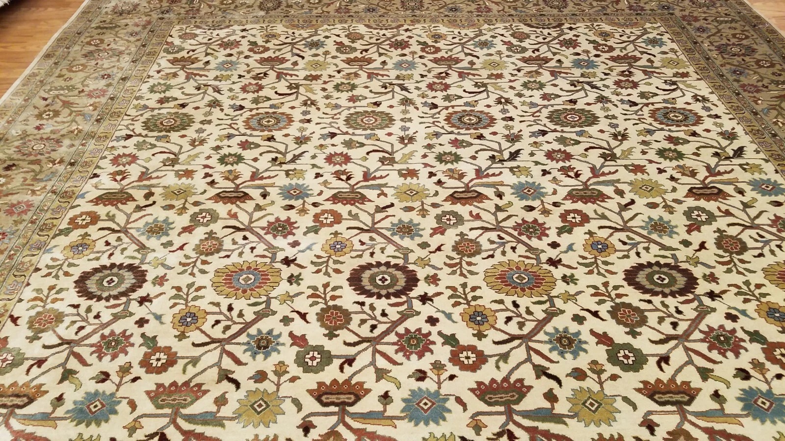 9 x 12 Ivory & Beige Fine Quality India All Over Hand Knotted Wool Oriental Rug