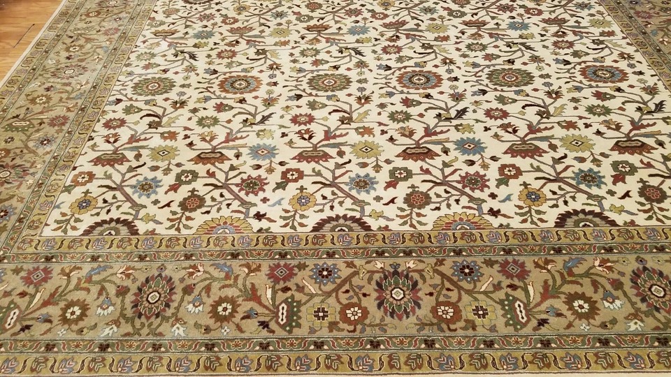 9 x 12 Ivory & Beige Fine Quality India All Over Hand Knotted Wool Oriental Rug