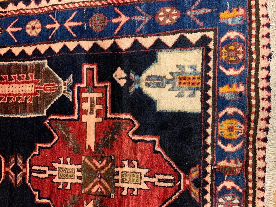 3.10 x 6.8 ft Vintage Tribal Geometric Navy 100% Wool Vegetable Dye Rug