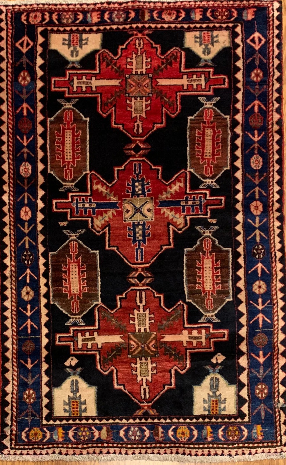 3.10 x 6.8 ft  Vintage Tribal Geometric Navy 100% Wool Vegetable Dye Rug EB335974759386 Montaage
