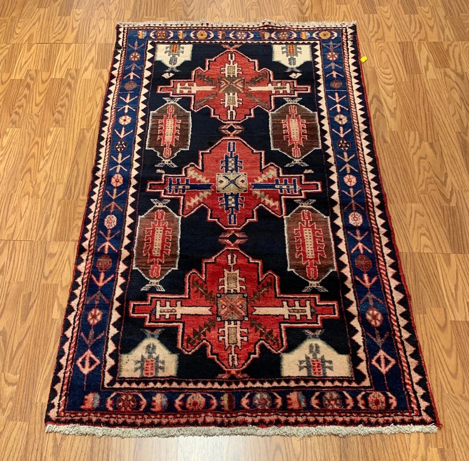 3.10 x 6.8 ft Vintage Tribal Geometric Navy 100% Wool Vegetable Dye Rug