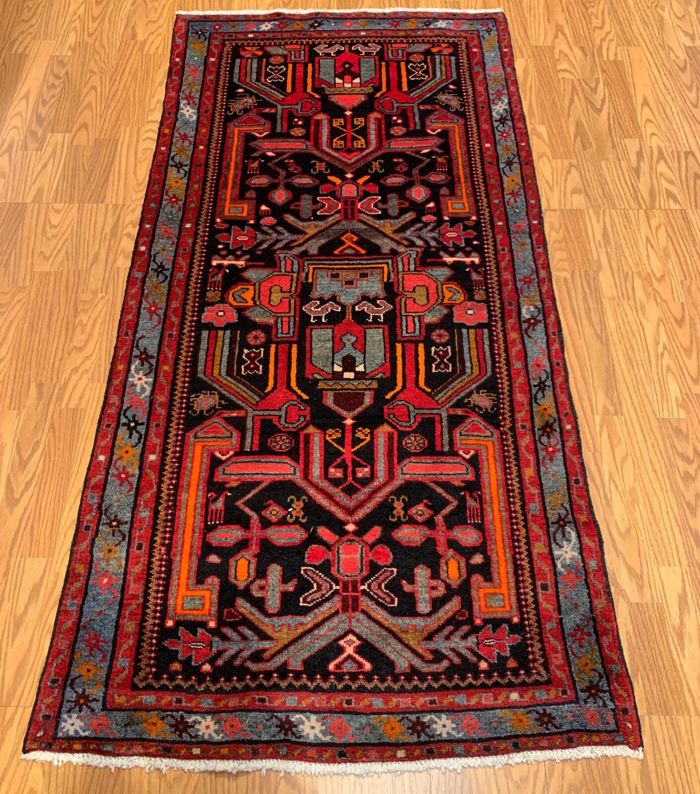 3.6x 6.10 Vintage Tribal Geometric Black 100% Wool Vegetable Dye Rug
