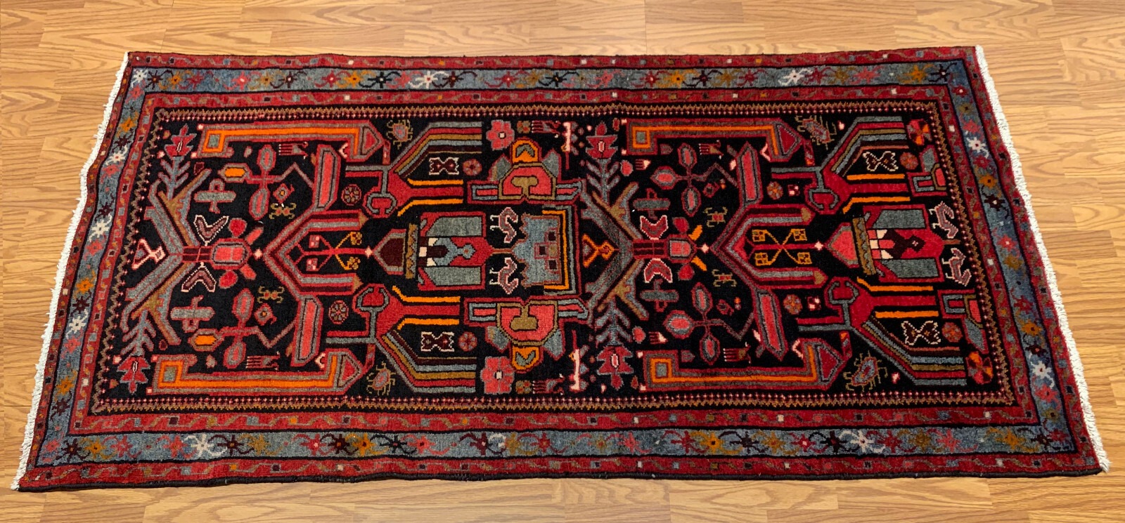 3.6x 6.10 Vintage Tribal Geometric Black 100% Wool Vegetable Dye Rug