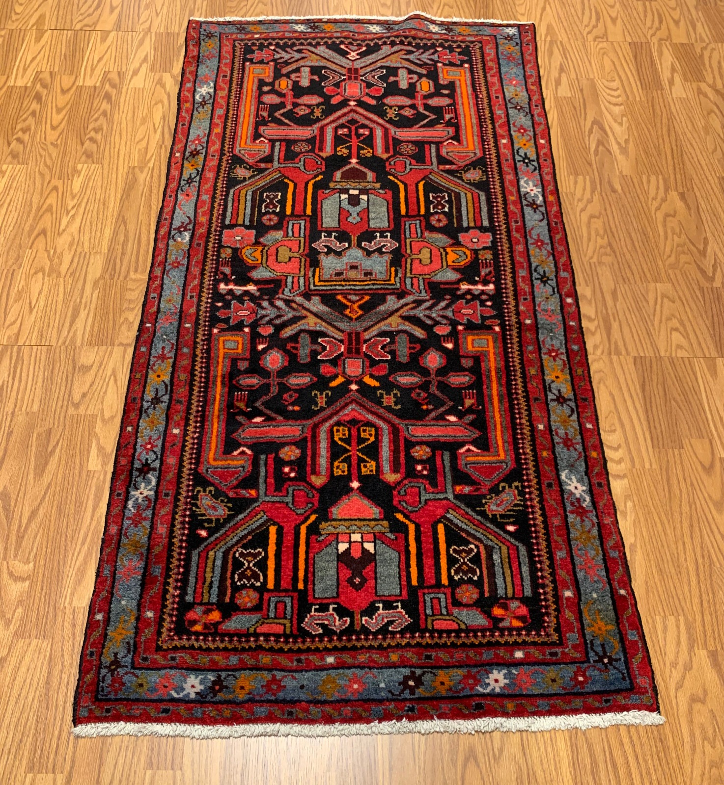 3.6x 6.10 Vintage Tribal Geometric Black 100% Wool Vegetable Dye Rug