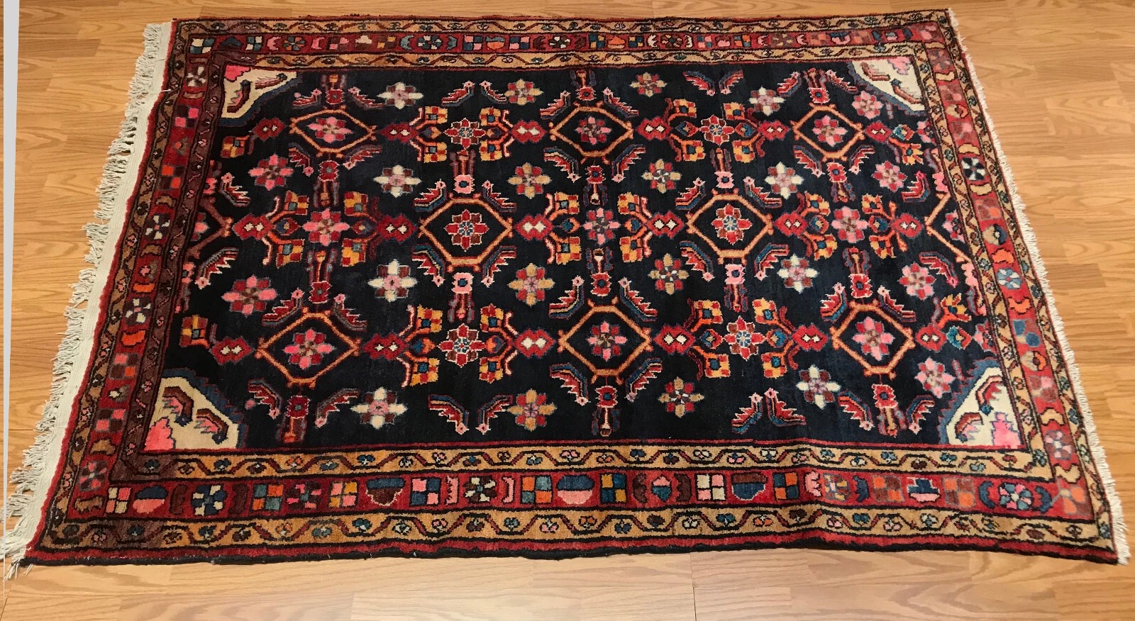 4.10 x 6.9 Vintage Tribal Geometric Navy 100% Wool Vegetable Dye Rug
