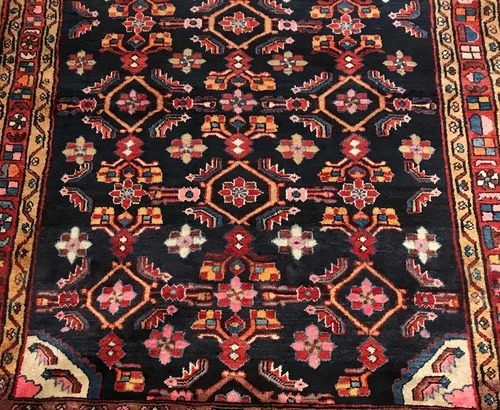 4.10 x 6.9 Vintage Tribal Geometric Navy 100% Wool Vegetable Dye Rug