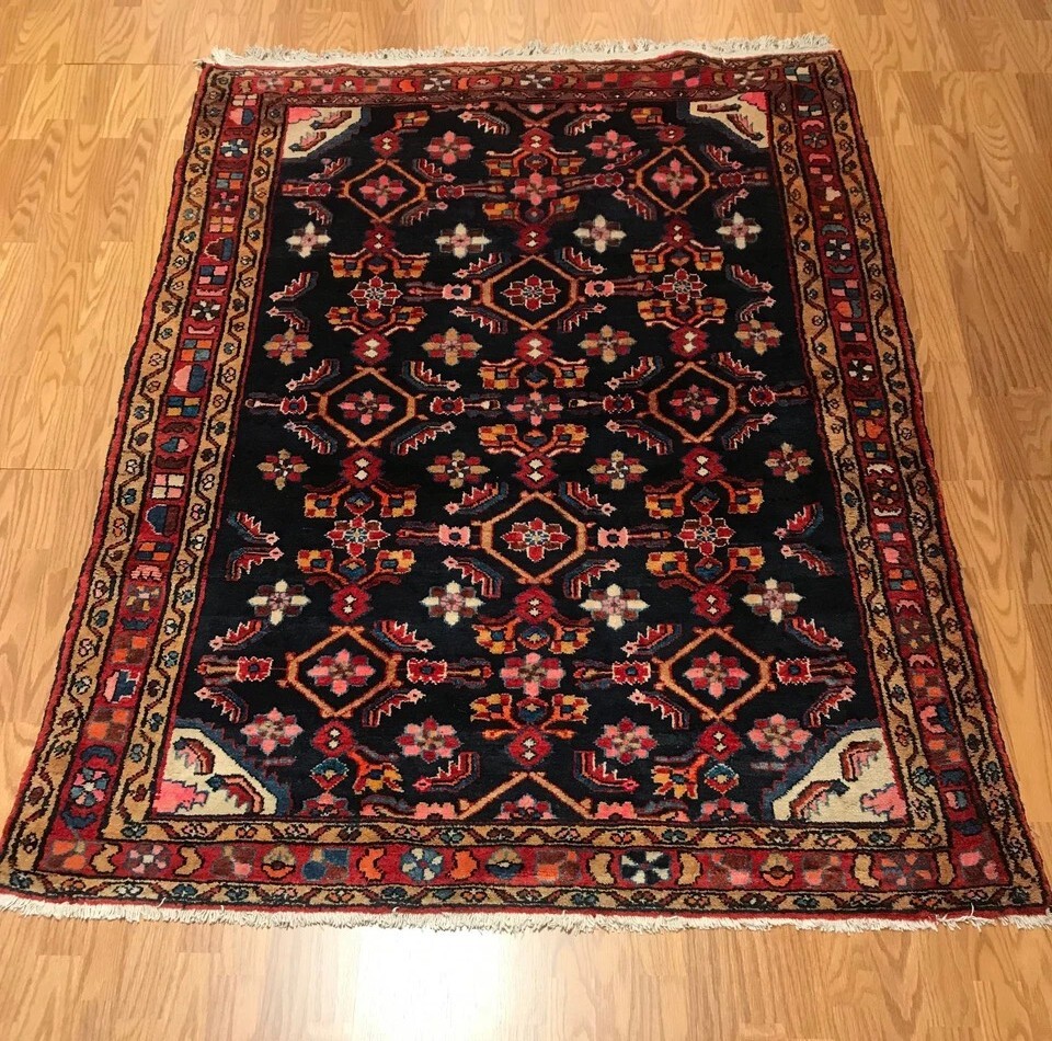 4.10 x 6.9 Vintage Tribal Geometric Navy 100% Wool Vegetable Dye Rug