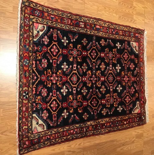 4.10 x 6.9 Vintage Tribal Geometric Navy 100% Wool Vegetable Dye Rug