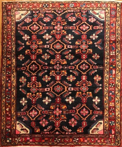 4.10 x 6.9 Vintage Tribal Geometric Navy 100% Wool Vegetable Dye Rug