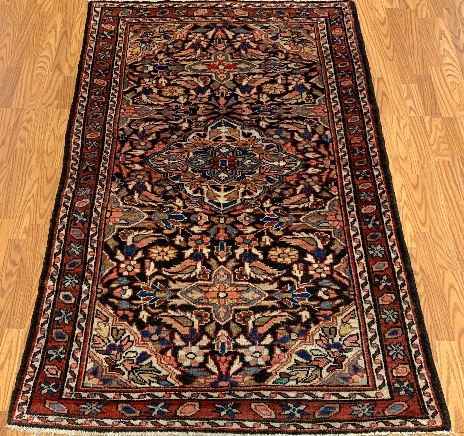 4.2 x 6.2 Vintage Tribal Black/Rust 100% Wool Hand Made Rug Vegetable Dye