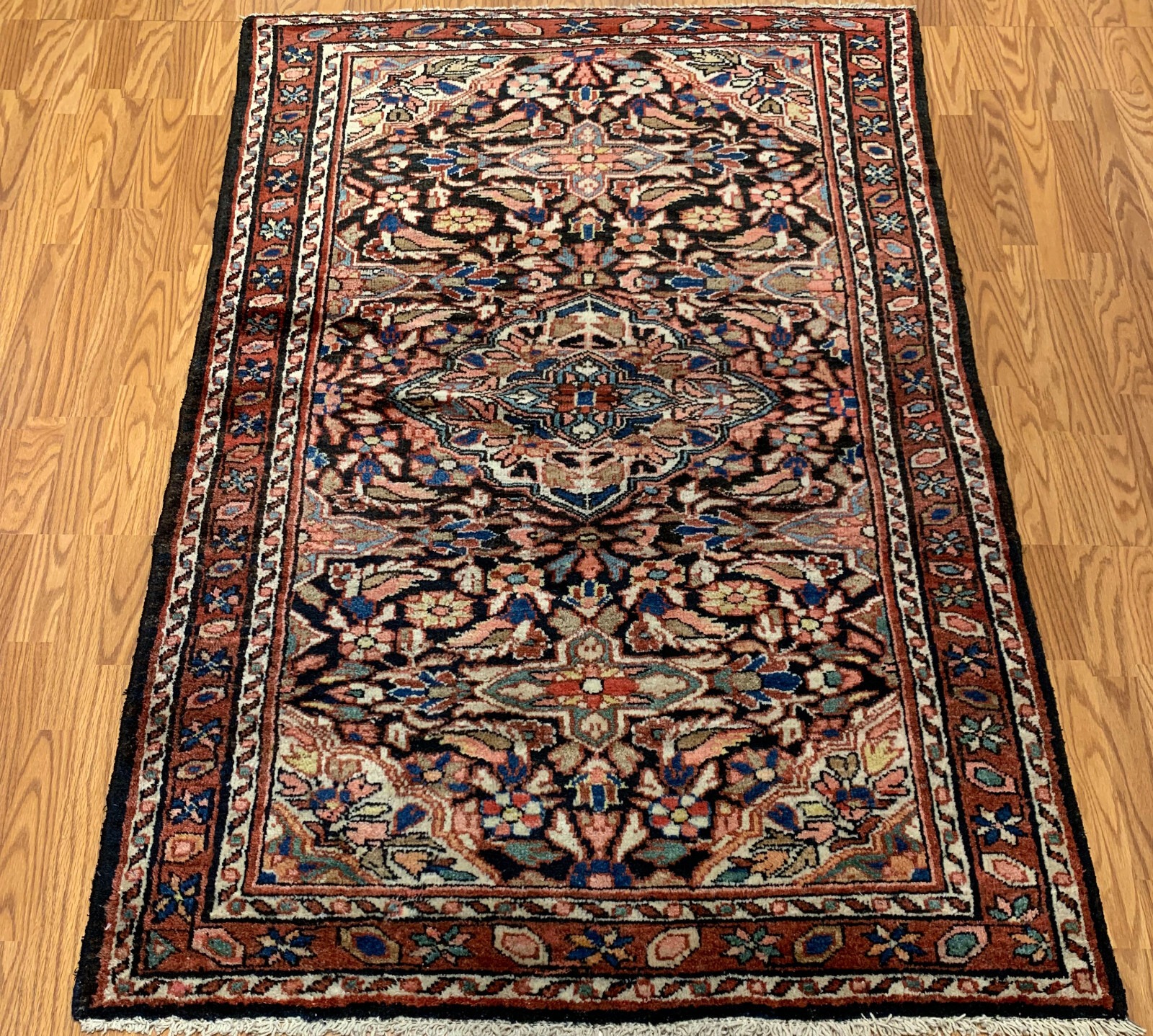 4.2 x 6.2 Vintage Tribal Black/Rust 100% Wool Hand Made Rug Vegetable Dye
