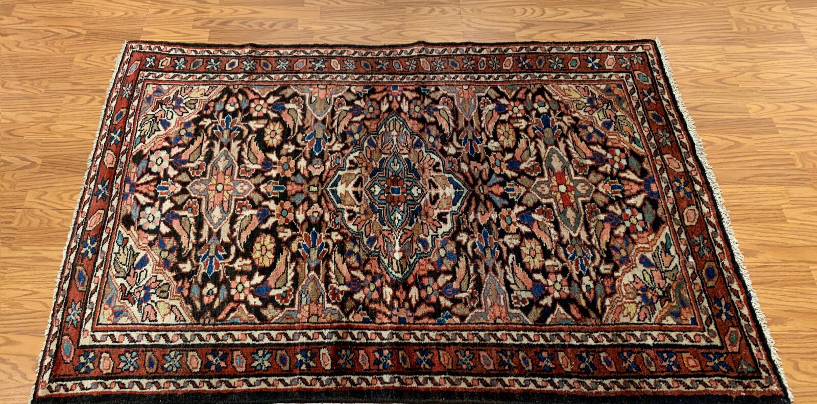 4.2 x 6.2 Vintage Tribal Black/Rust 100% Wool Hand Made Rug Vegetable Dye