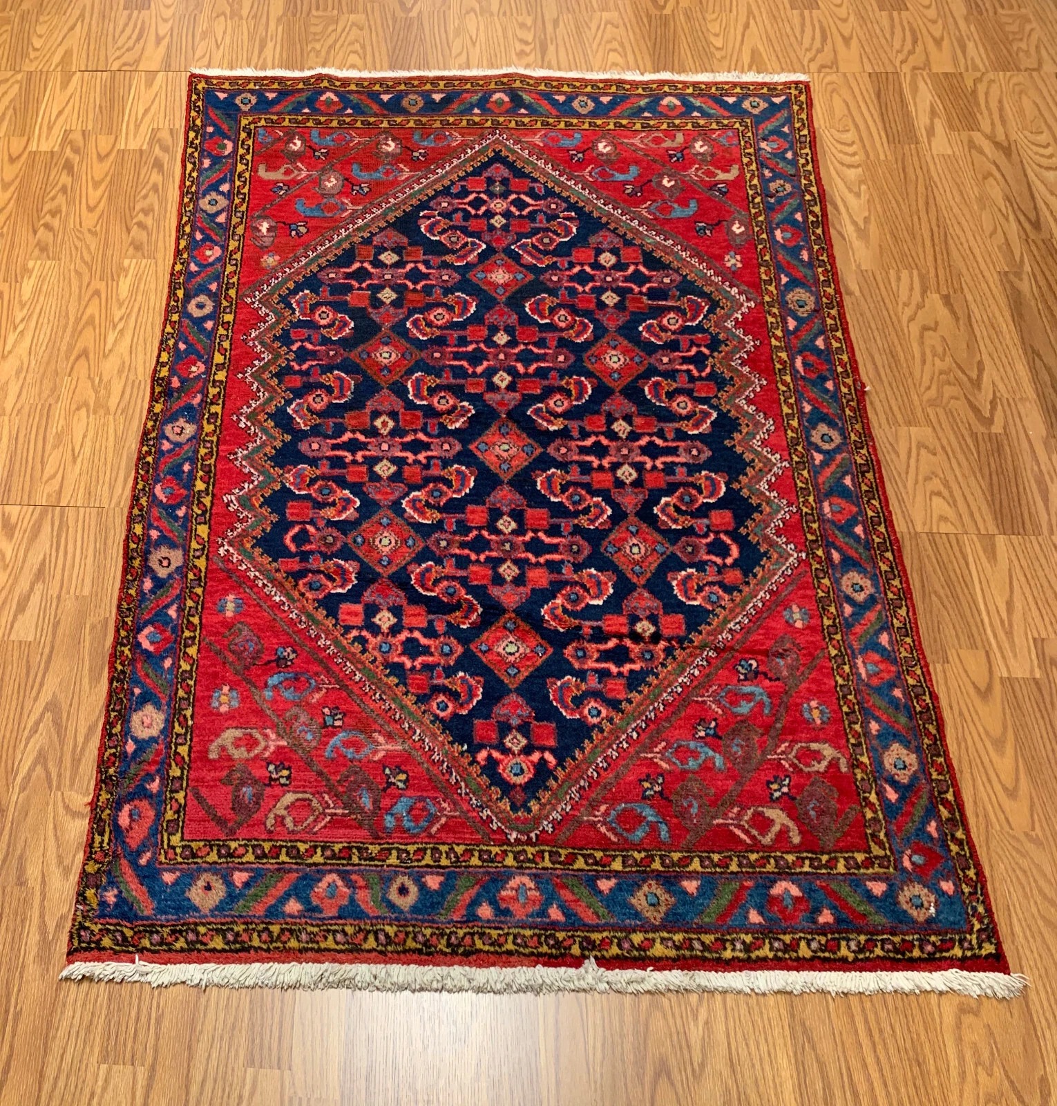 4.3 x 6.5 ft Vintage Tribal Geometric Navy 100% Wool Vegetable Dye Rug