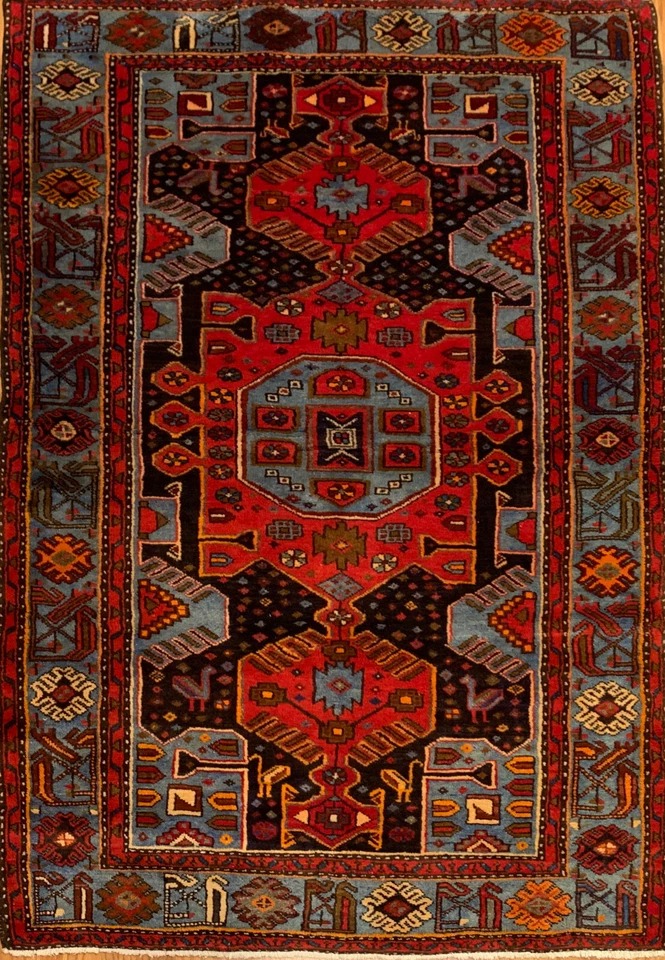 4.1 x 6.10 ft Vintage Tribal Geometric Navy 100% Wool Vegetable Dye Rug