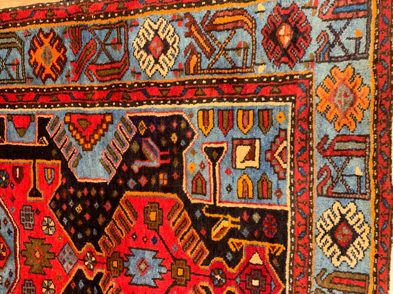 4.1 x 6.10 ft Vintage Tribal Geometric Navy 100% Wool Vegetable Dye Rug