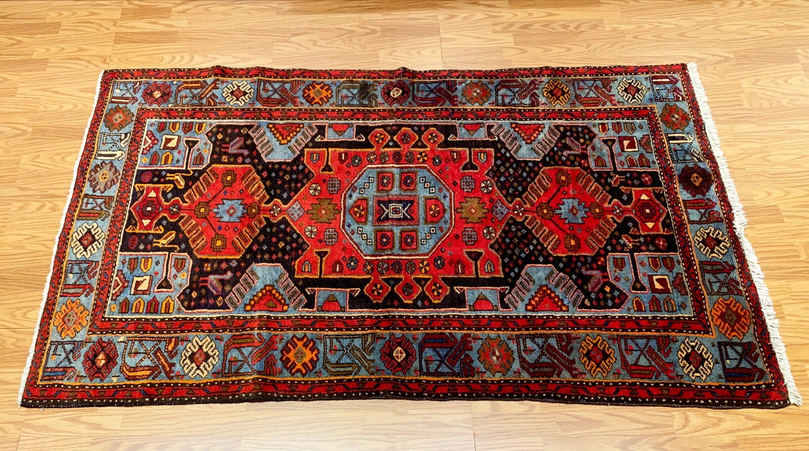 4.1 x 6.10 ft Vintage Tribal Geometric Navy 100% Wool Vegetable Dye Rug