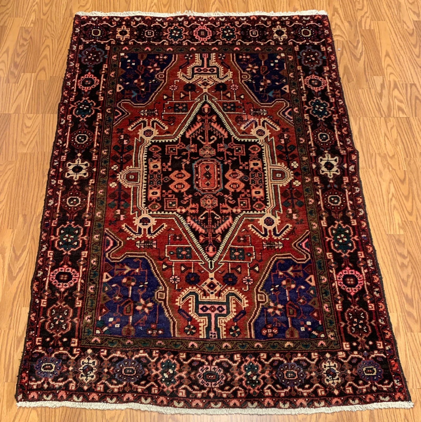 4.1 x 6.5 ft Vintage Tribal Geometric Rust 100% Wool Vegetable Dye Rug