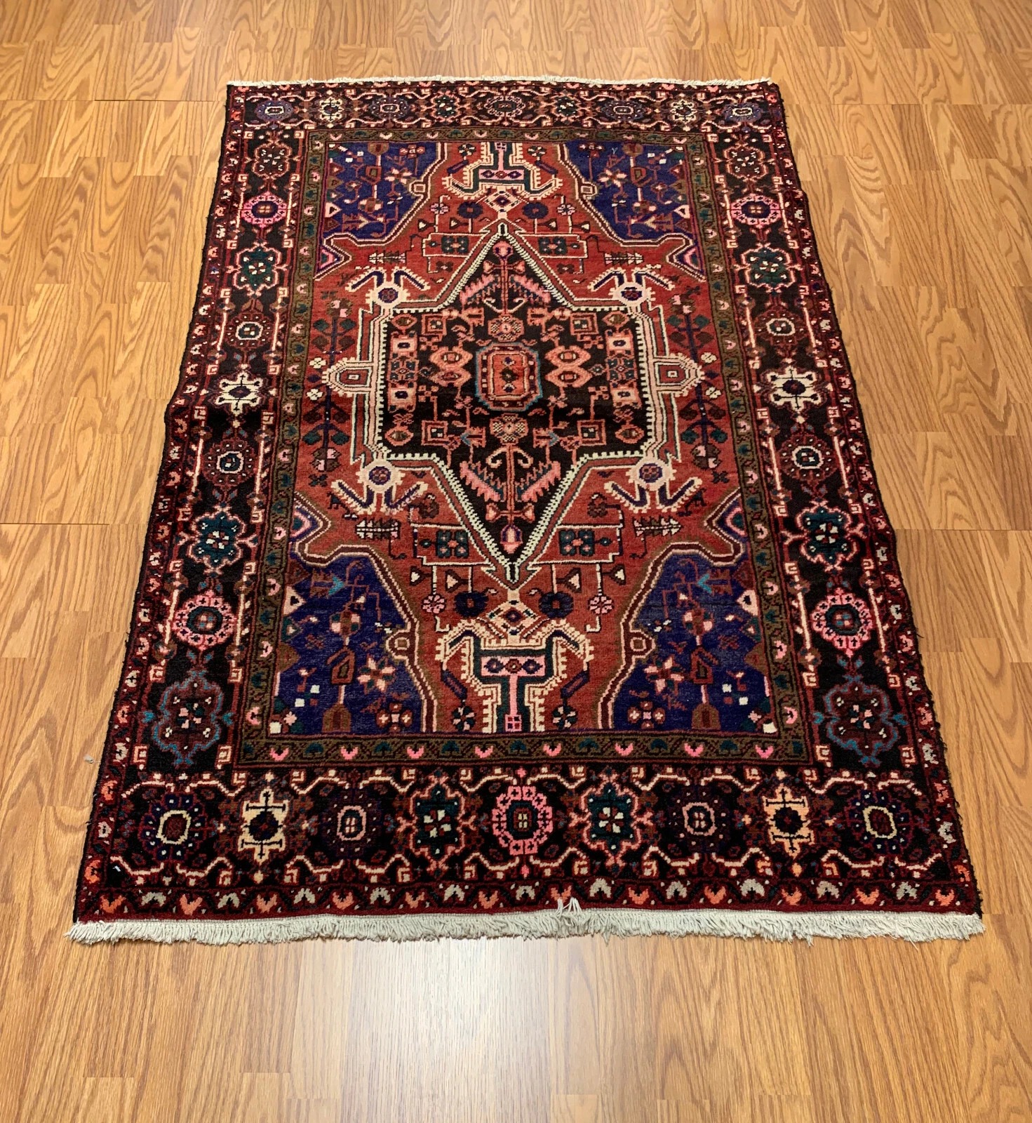 4.1 x 6.5 ft Vintage Tribal Geometric Rust 100% Wool Vegetable Dye Rug
