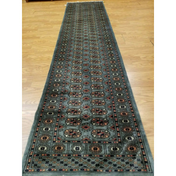2.7 x 11 Gray Pakistan Bokharra Hand Knotted Wool Rug