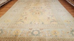 8 x 10 Salmon & Blue Vegetable Dyed Indo Pechavar Hand Knotted Wool Carpet 416472 Montaage Inc. image 1