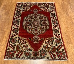 4.3 x 6.7 ft  Semi Antique Tribal Geometric Red 100% Wool Vegetable Dye Rug 421780 Montaage Inc. image 1