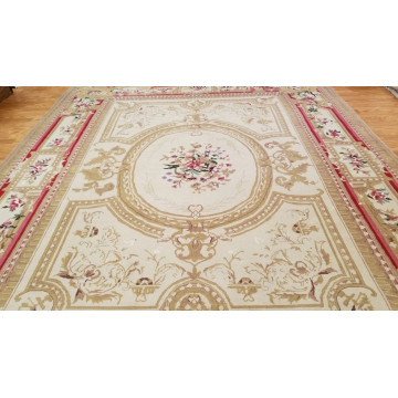 8 x 10 Beige & Gold French Aubusson Hand Knotted Oriental Rug